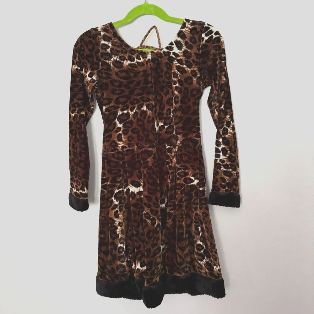 Girls Leopard Cat Halloween Costume Size 4-6T Faux Fur Trim Dress Ears Headband